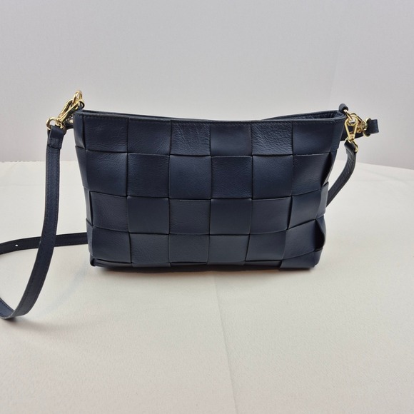 Anna Paola Navy Luxury Leather Brit Basket Weave Crossbody Bag Italy Dual‎ Strap